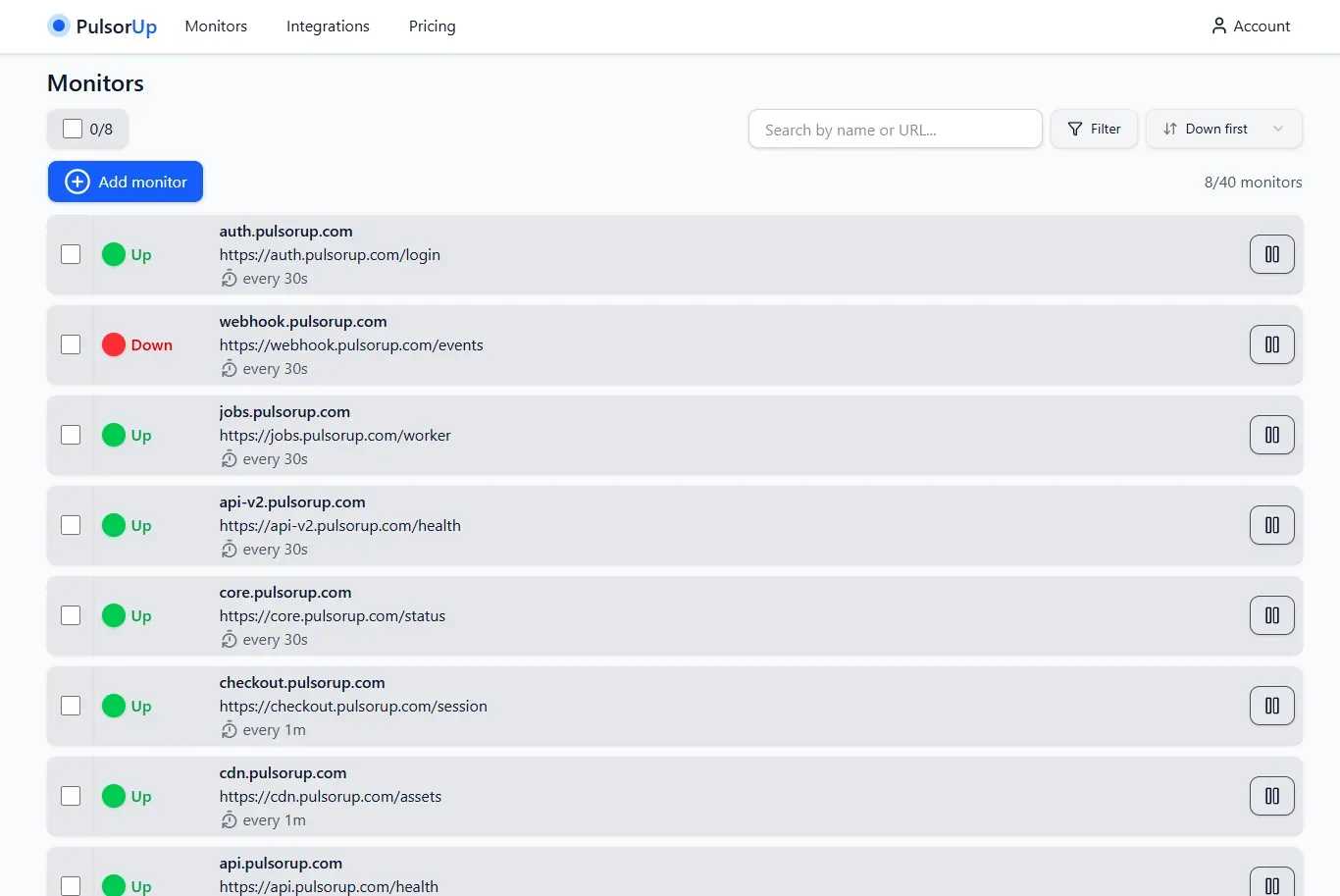 PulsorUp dashboard showing monitors