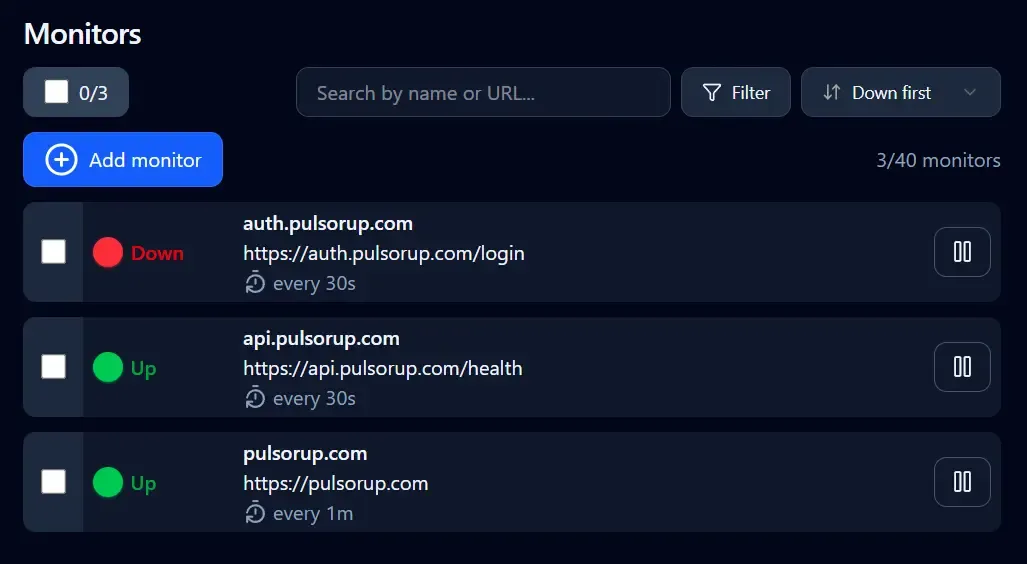 PulsorUp dashboard showing monitors